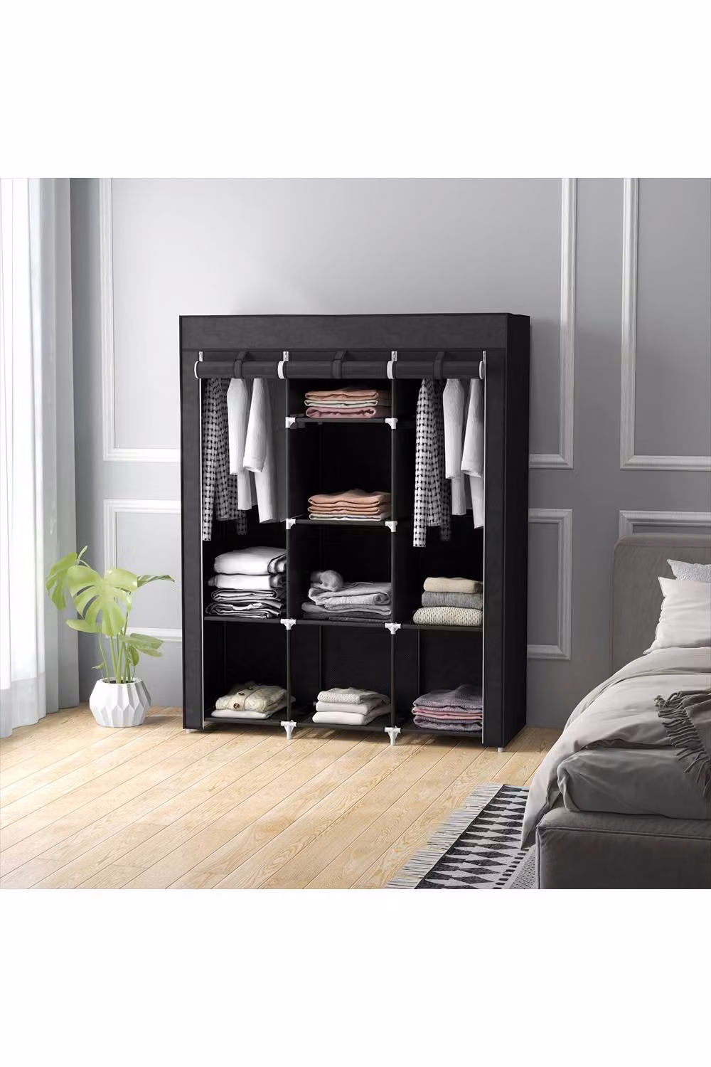 ERGOVEXA Black Fabric Wardrobe with Roll Shutter, Hanging Rod and Internal Shelves, H: 162.5 x W: 125 x D: 43 cm – 3