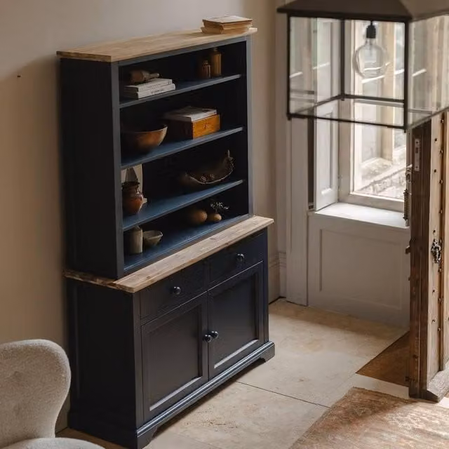 Statement Furniture Florence Display Dresser with Hutch in Blue with Limed Acacia Top, W/D/H: 120 x 42 x 200 cm – 1