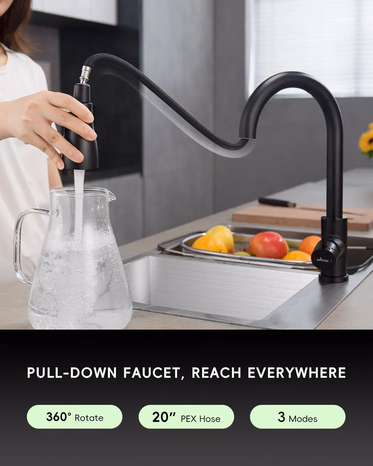 Appaso Matt Black Kitchen Tap with Pull Out Spout and Spray Function – 2