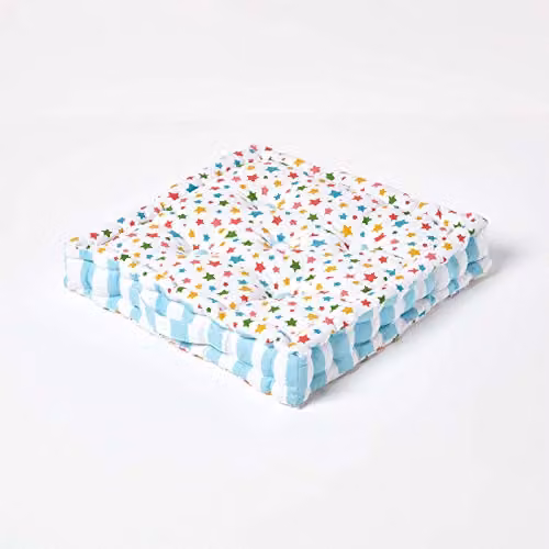 Homescapes Star Multi Quilted Cotton Floor Cushion in Blue, Orange and White, W/D/H: 50 x 50 x 10 cm