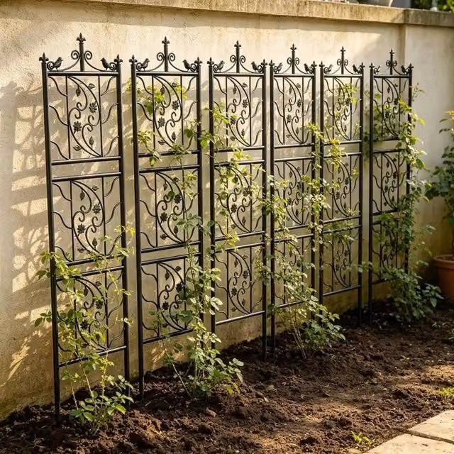 SPETLEK Black Metal Rose Climbing Plant Support Trellis Fence Panels, 6 Pieces