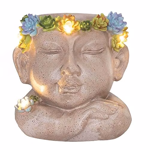GloBrite Solar Face Plant Pot Light, Multicolour Waterproof Resin Outdoor Garden Ornament