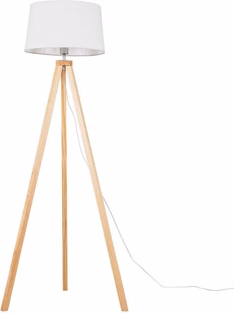 ValueLights Barbro Tripod Floor Lamp in Light Wood with White Fabric Cone Shade, Height: 130 cm