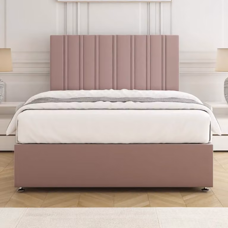 BSSPOKE Sienna Divan Bed with 24 inch Plush Velvet Headboard in Pink, Super King Size