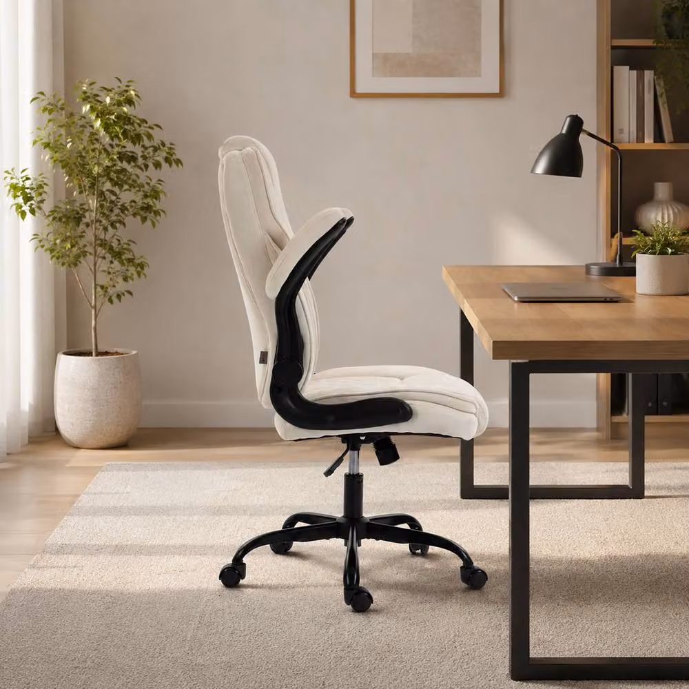 Rolipo Ergonomic Office Chair with Flip-Up Armrests and Adjustable Height in Beige Fabric – 6