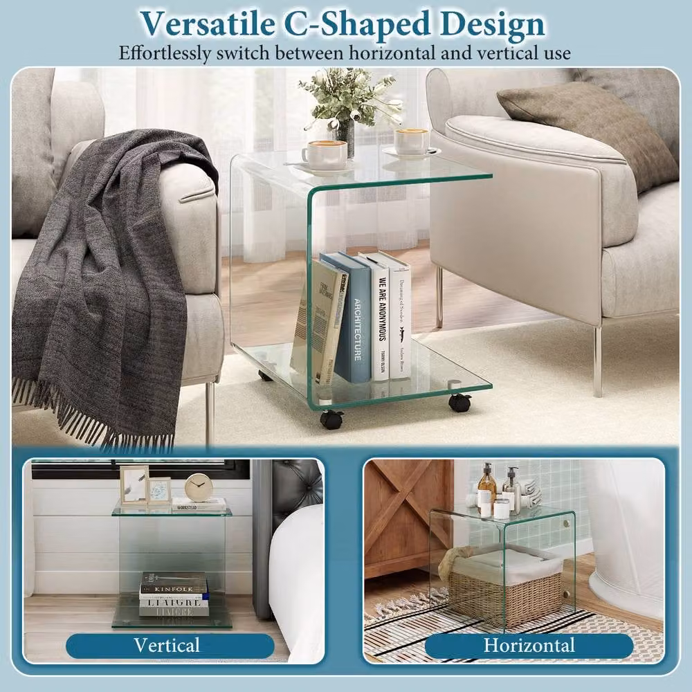 Gymax C-Shaped Tempered Glass Side Table with 2-Tier Shelf and 4 Lockable Wheels in Clear – 2
