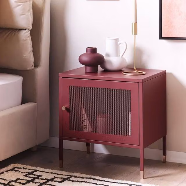 Wyld and Coco Red Metal Bedside Table with Mesh Door – 1