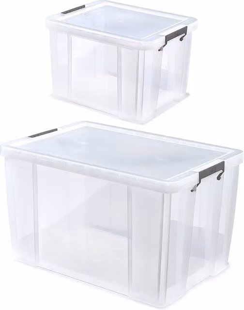 Whitefurze Set of 2 Allstore Transparent Plastic Storage Boxes with Lids and Silver Clamps