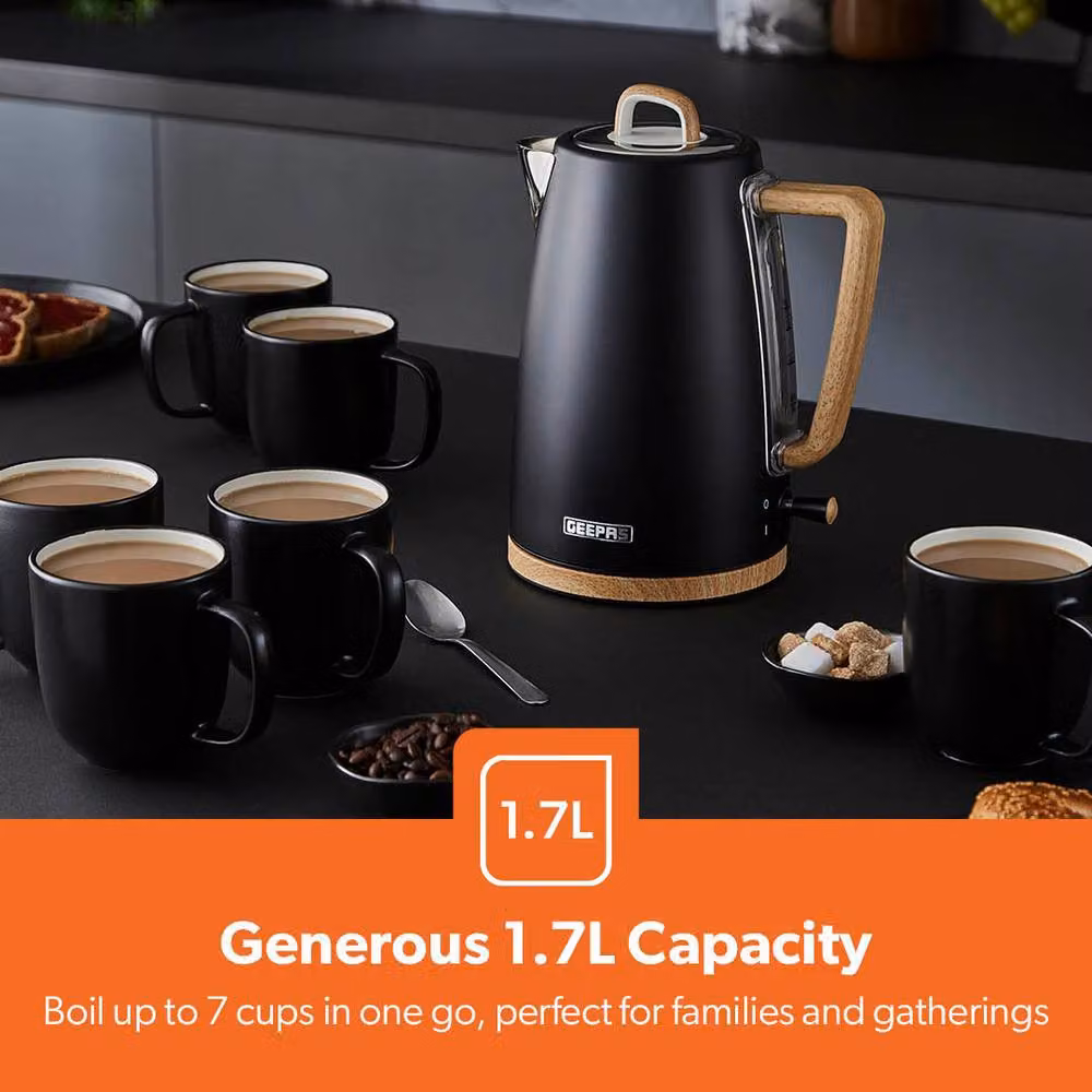 Geepas NordiQ Collection Kettle and 4 Slice Toaster Set with Wood Accents in Black and Stainless Steel – 3
