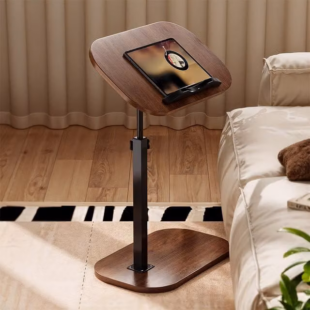 Livingandhome Height Adjustable C-Shape Bedside Table in Wood and Black