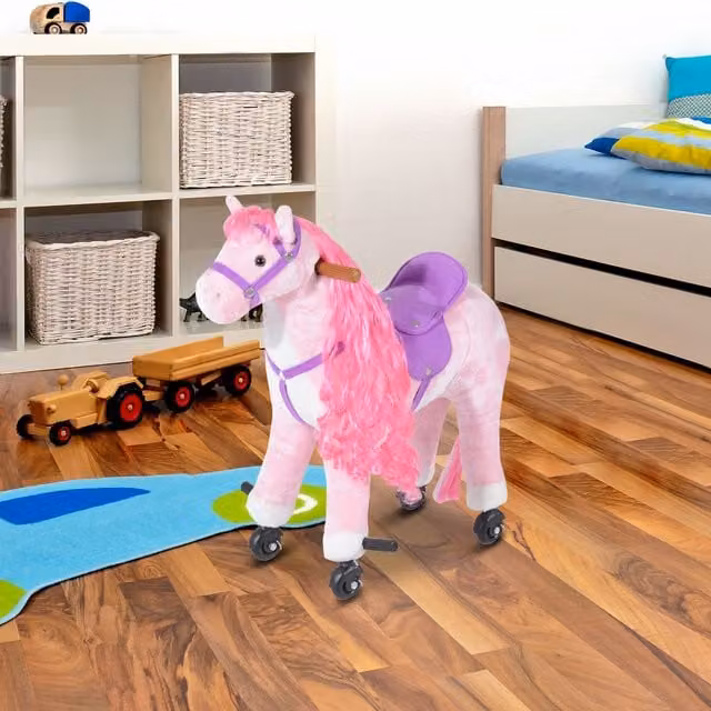 HOMCOM Interactive Pink Plush Rocking Horse with Sound and Sensory Features