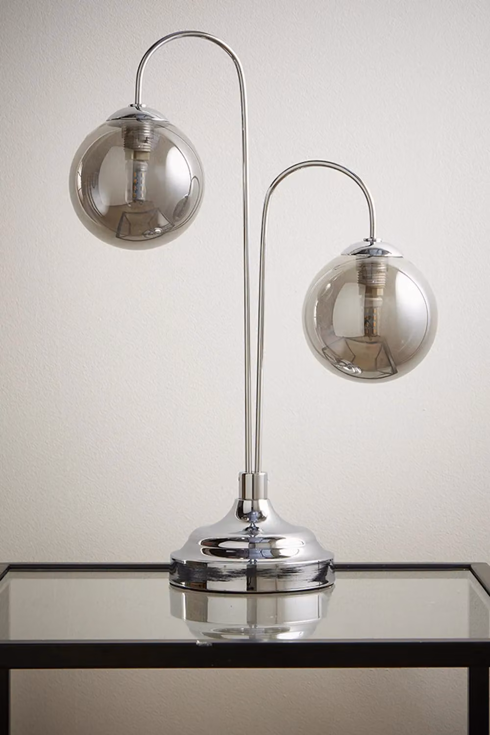 K LIVING Chrome Table Lamp with Two Arms and Silver Smokey Glass Sphere Shades – 2