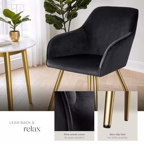 tectake Set of 2 Velvet Look Dining Chairs with Armrests and Gold Steel Legs, Black/Gold – 6