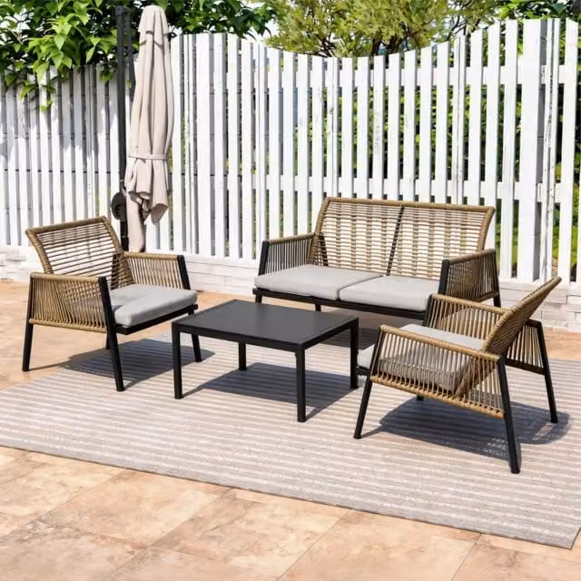 Furniture One 4 Piece Modern Rattan Outdoor Patio Conversation Set with Cushions in Grey and Yellow