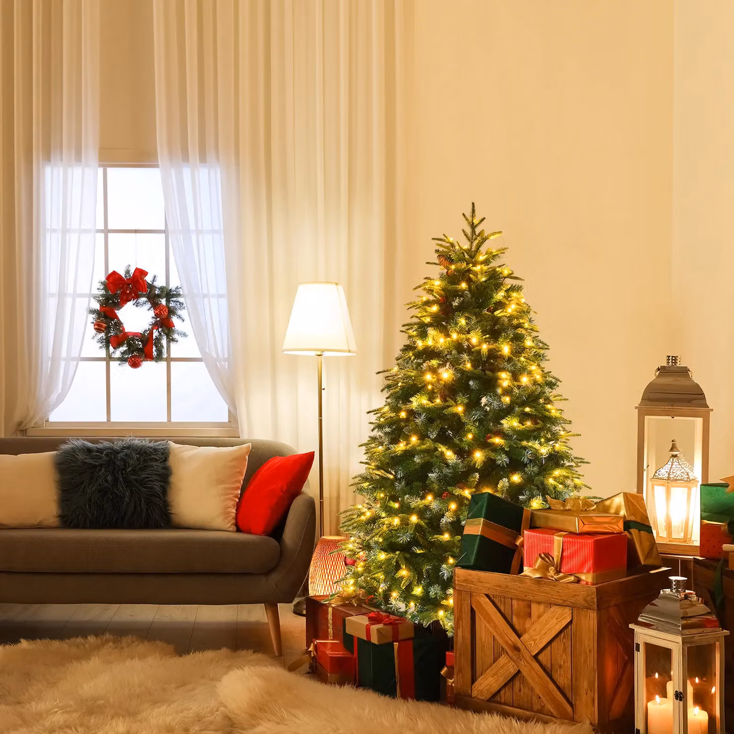 Costway 5FT Pre-Lit Snowy Artificial Christmas Tree with 250 LED and 11 Lighting Modes in Green – 1
