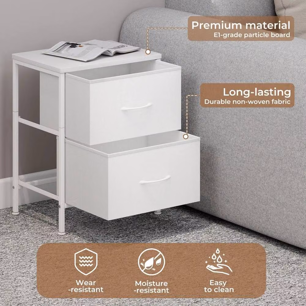 KORVIXA White Nightstand with 2 Fabric Drawers and MDF Construction – 2