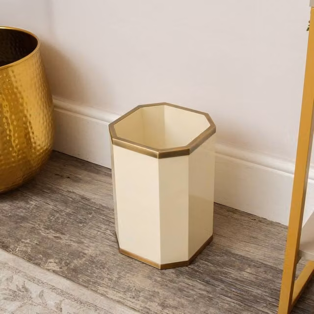Melody Maison Hexagonal Wooden Waste Paper Bin in Cream and Gold