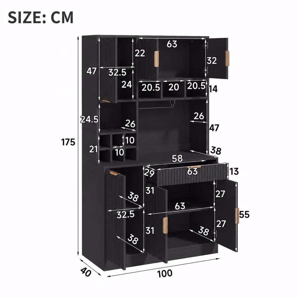 ModernLuxe Tall Sideboard Cabinet in Black with Doors, Drawer, Wine Rack and USB, H 175 x W 40 x D 40 cm – 2