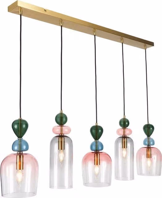 Litecraft Visconte Vietri Mid-Century Pendant Bar Light with Multicolour Glass Shades in Gold/Brass