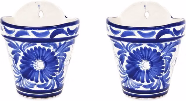 Verano Spanish Ceramics Blue Floral Hanging Planter Set