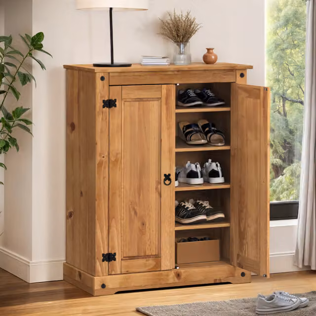 Mercers Furniture Corona 2 Door Shoe Rack Cupboard in Antique Wax Brown Solid Mexican Pine, W/D/H: 108 x 39 x 86 cm