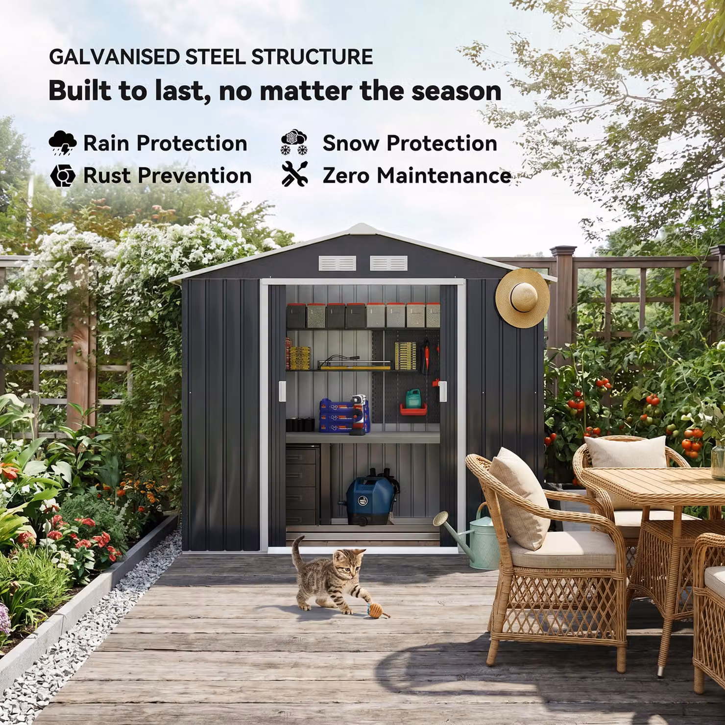 Outsunny Weatherproof Metal Garden Tool Shed with Foundation and Sliding Doors, Dark Grey, W: 216.96 cm, D: 121.92 cm, H: 185.0 cm – 4