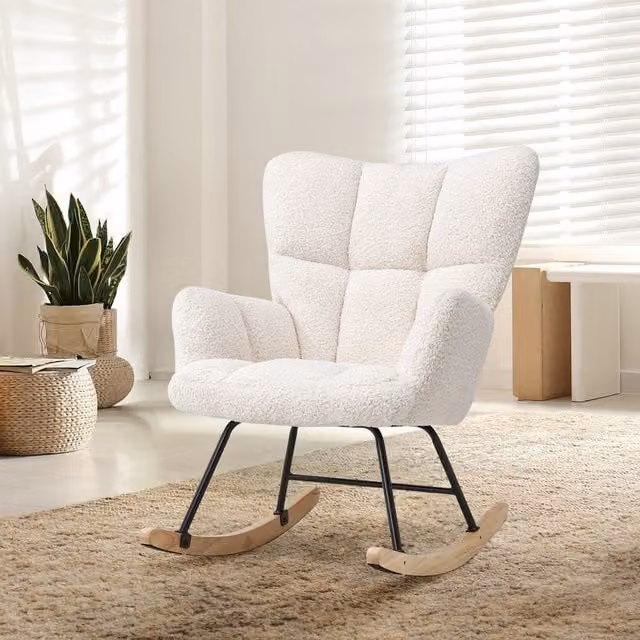 Livingandhome Sherpa Rocking Armchair in White Bouclé Fabric with Metal and Rubberwood Frame