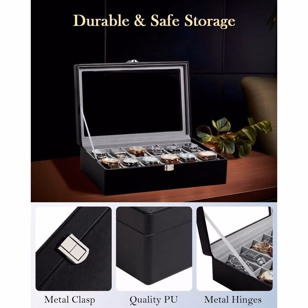 SPETLEK 12 Slot Black PU Leather Watch Box with Lid – 5