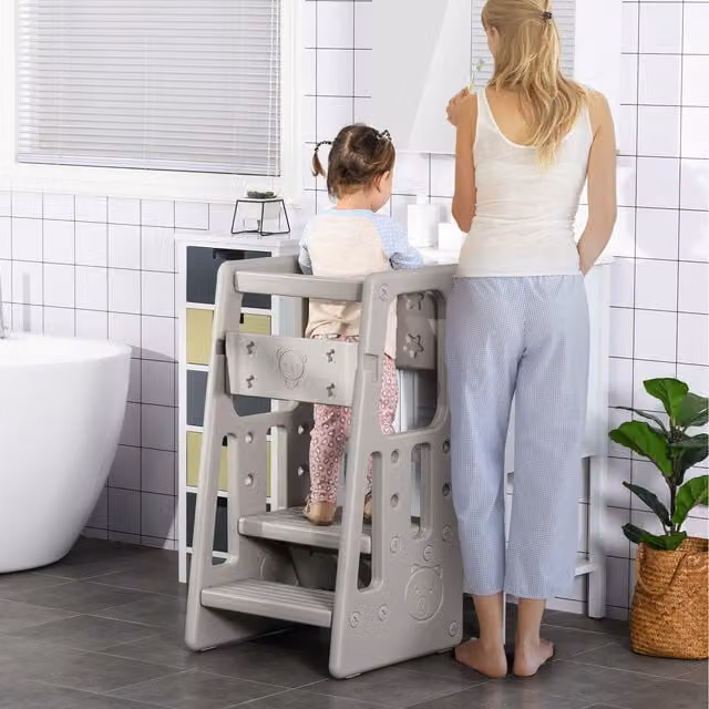 HOMCOM Adjustable Kids Step Stool and Toddler Kitchen Standing Platform in Grey