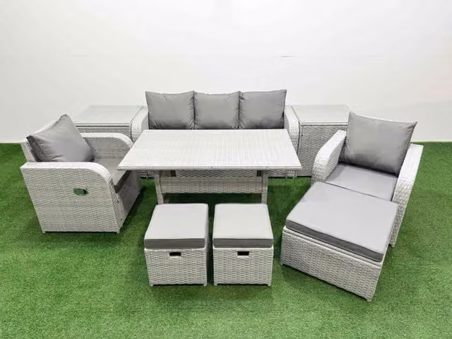 Fimous PE Rattan Garden Furniture Set in Light Grey with Reclining Chair, Sofa, Rectangular Dining Table, 2 Side Tables and 3 Stools