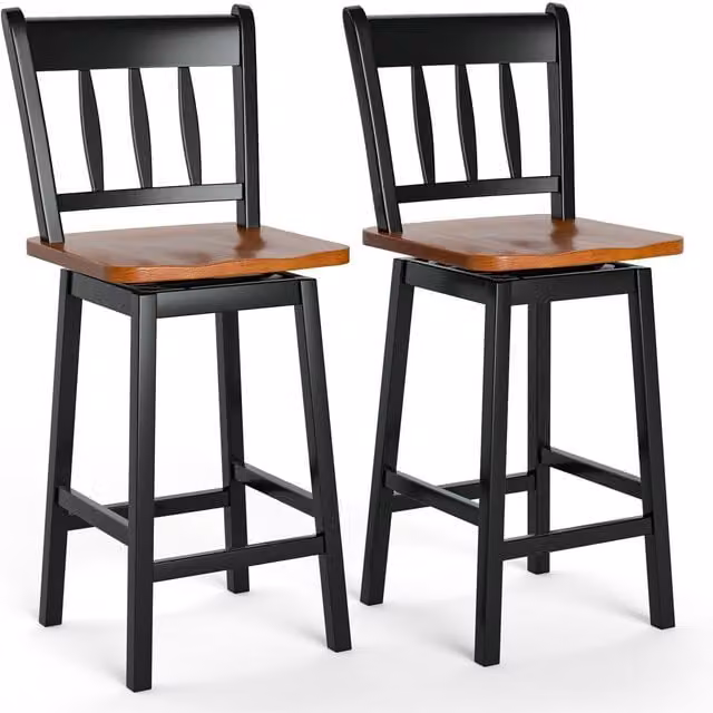 Costway Set of 2 Black Rubberwood Swivel Bar Stools with Backrest and Footrest