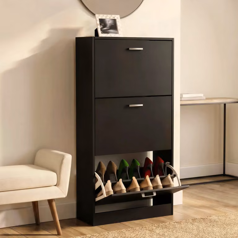 DHS Slim Black 3 Drawer Tall Shoe Cabinet with Pull-Down Doors and Internal Shelves