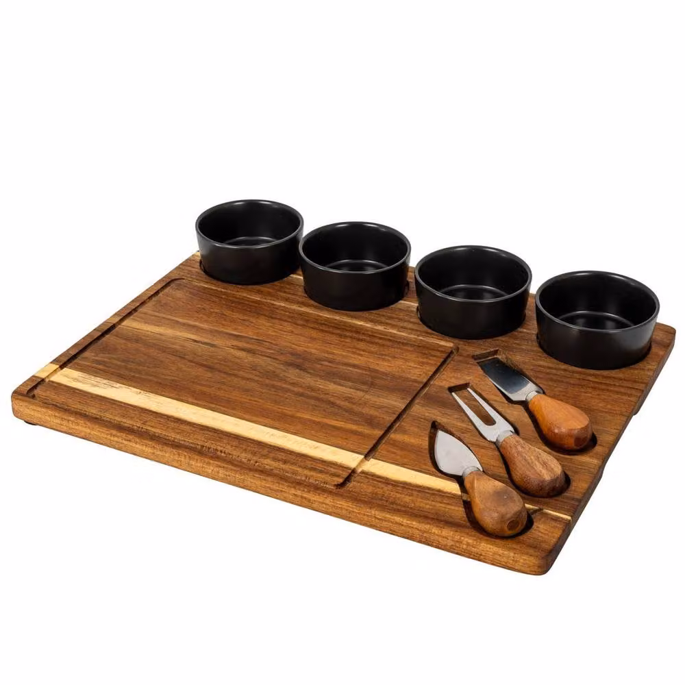 Lemon Pavilion Acacia Wood Cheese Board Set with Grey Ceramic Bowls and Cutlery in Brown – 2
