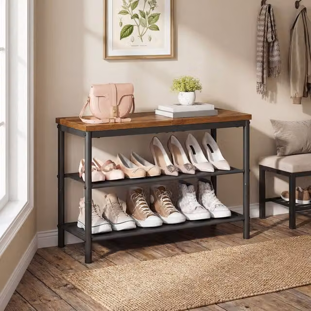 VASAGLE 3-Tier Rustic Brown and Black Shoe Rack