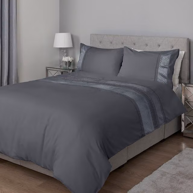 My Home Grey Charcoal Geo Velvet Striped Duvet Cover and Pillowcase Set, Double, W: 140 cm, L: 200 cm