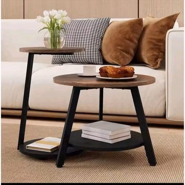 KORVIXA 2-Piece Round Nesting Coffee Table Set in Brown Wood