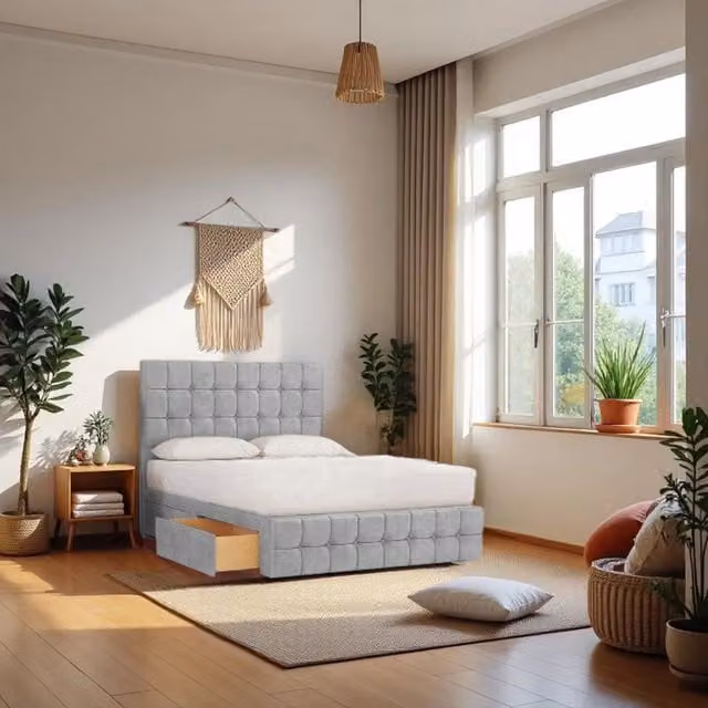 Knight Sleep Munic Plush Super King Bed Set in Silver with Hybrid Mattress, 2 Drawers and 24 inch Headboard, W/D/H: 200 x 200 cm