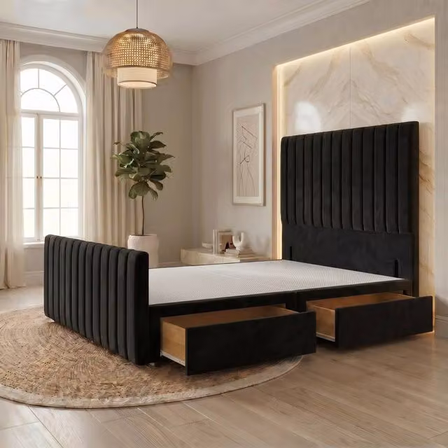 Somnior Eleanor Velvet Divan Base with 2 Drawers, 54 inch Headboard and 22 inch Footboard, Black, W/D/H: 120 x 200 x 76.2 cm – 1
