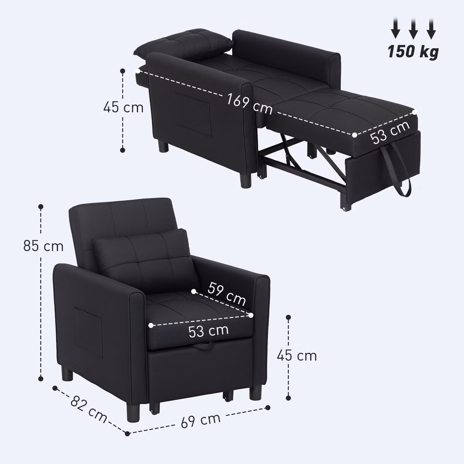 HOMCOM 3-in-1 Black Linen-Look Single Chair Bed with 11cm Thick Adjustable Back and Eucalyptus Wood Frame – 3