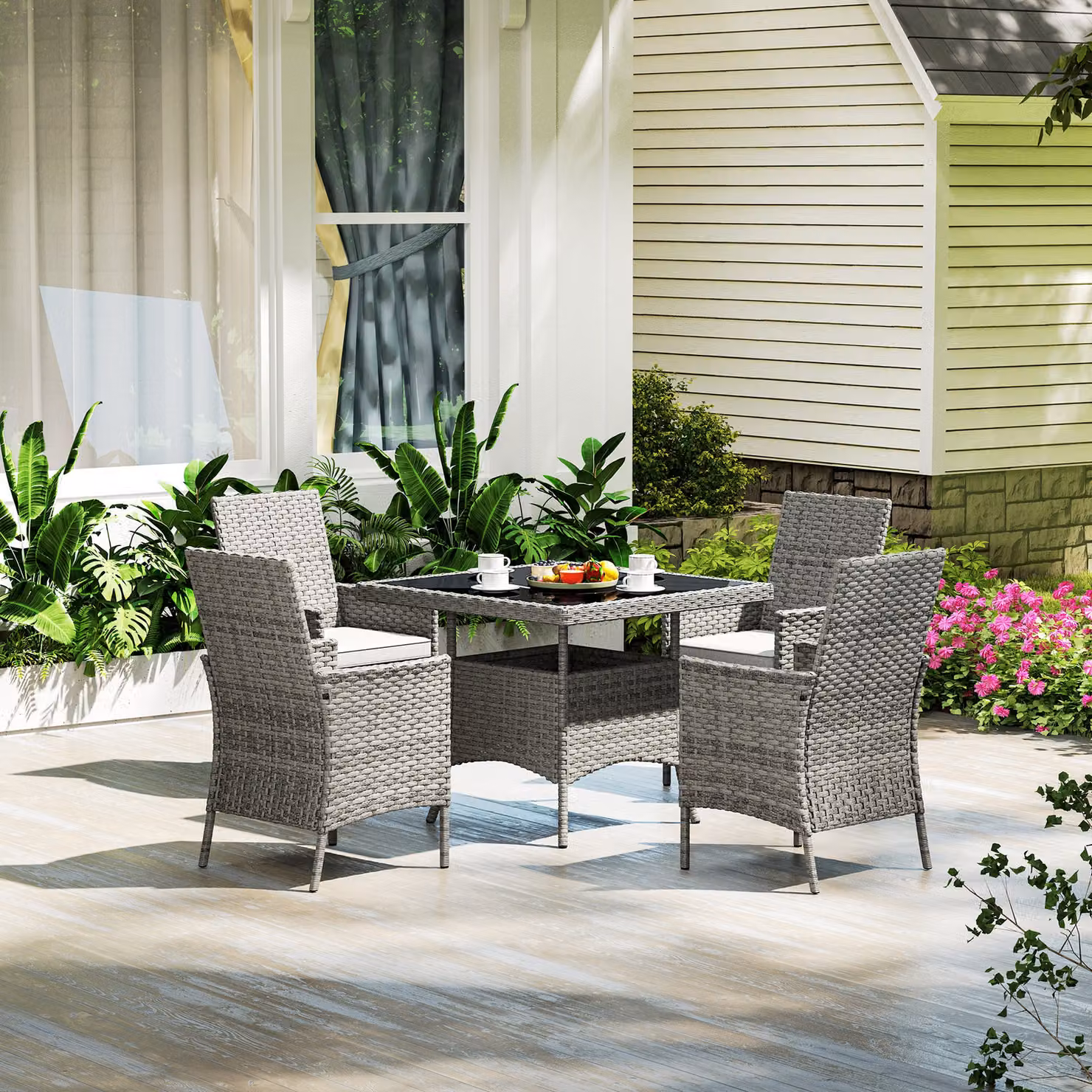 Outsunny Grey Rattan Garden Furniture Set with 4 Armchairs, Square Tempered Glass Top Dining Table and Cushions – 8