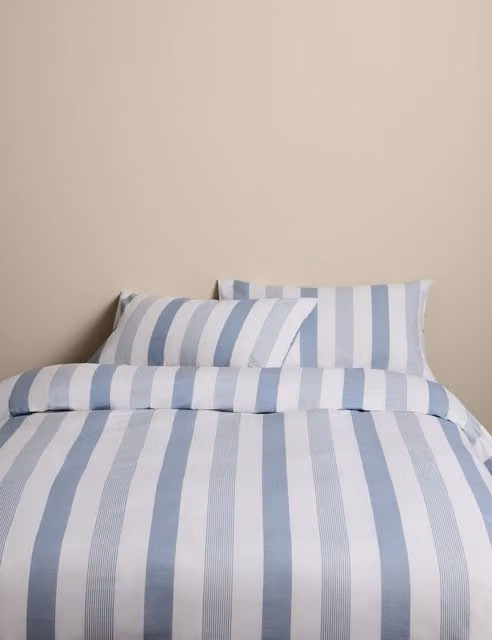 M&S Pure Cotton Striped Bedding Set, Blue Mix, 180 x 200 cm