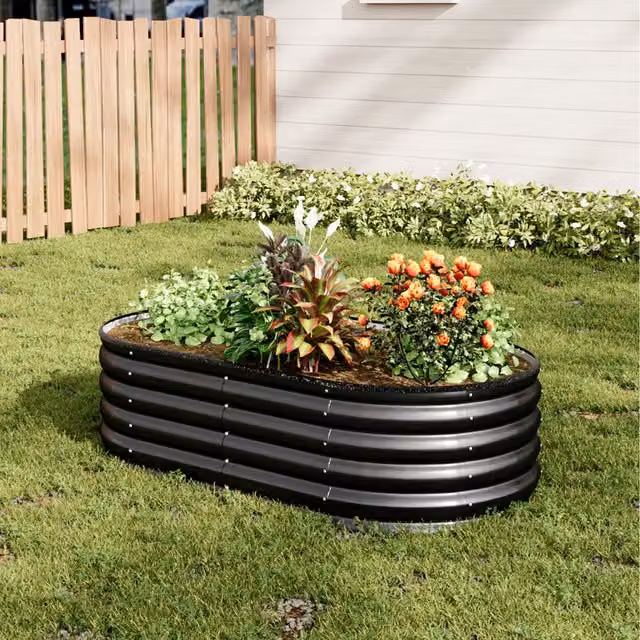 Lifeideas Oval Metal Raised Flower Bed with Support Rod in Anthracite