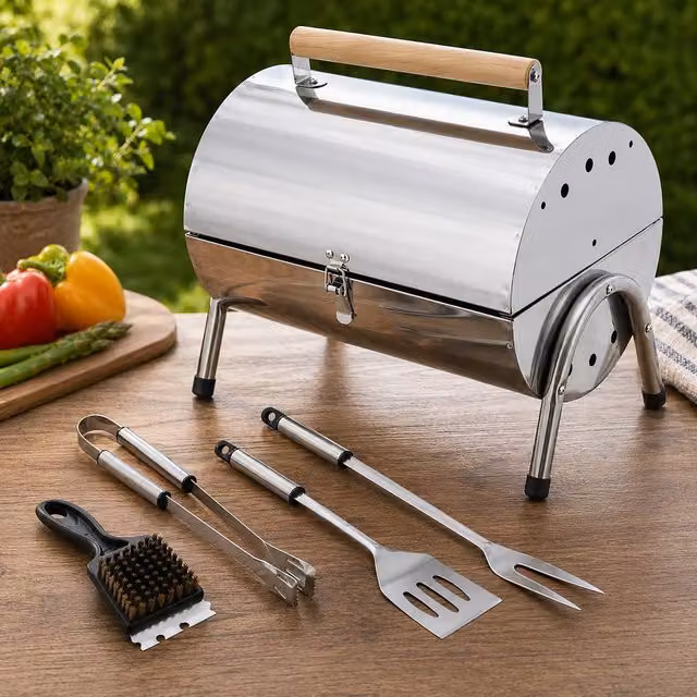 Marco Paul Portable Folding Stainless Steel Charcoal Tabletop BBQ in Silver with BBQ Tool Set, W/D/H: 38 x 30 x 25 cm – 1