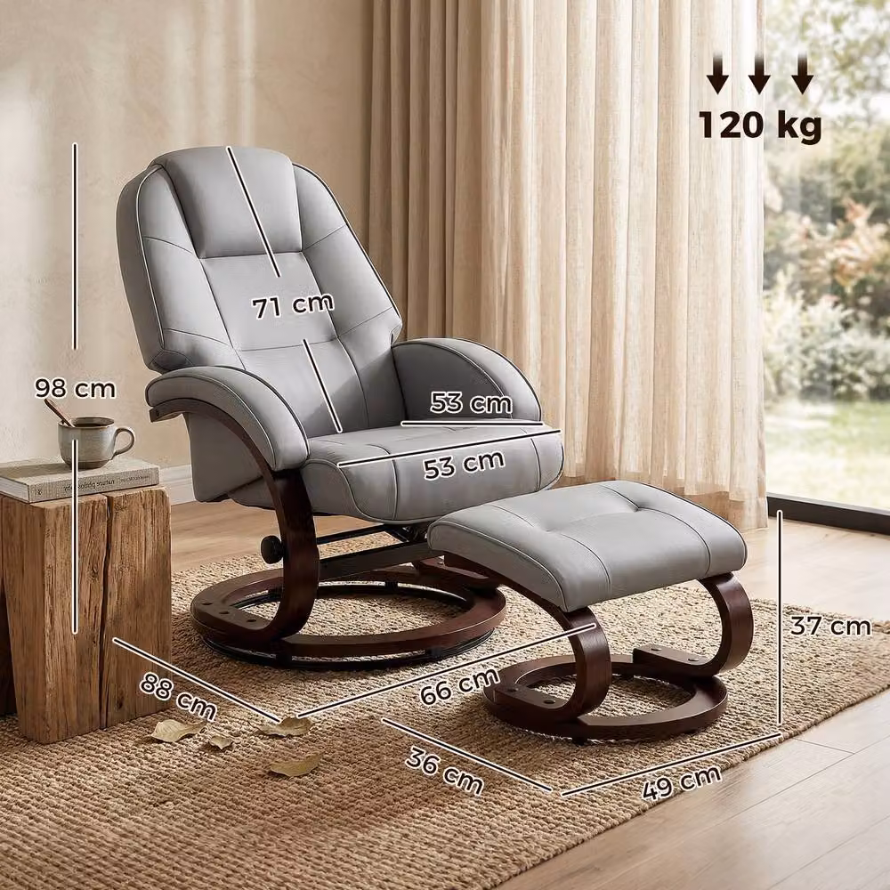 HOMCOM Swivel Recliner Chair with Ottoman, Grey Synthetic Leather – 2