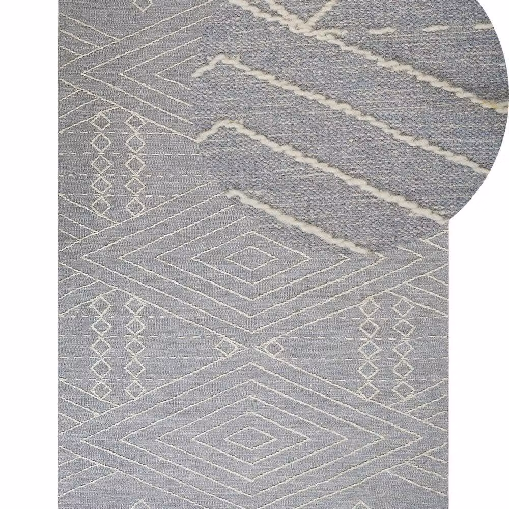 Wyld and Coco Handmade Oriental Geometric Rug in White and Grey Cotton and Wool with Tassels, W: 140 cm, L: 200 cm – 1