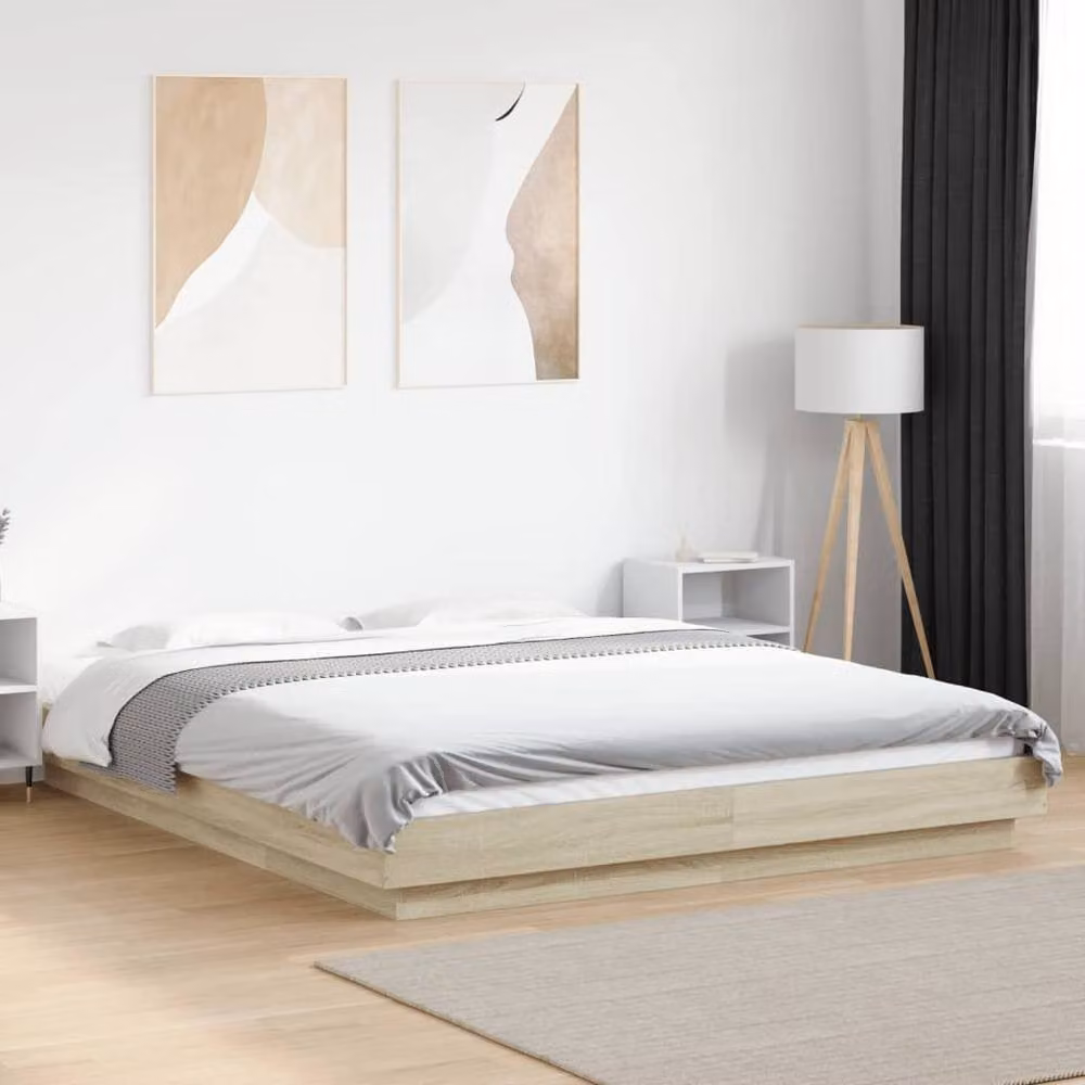 Berkfield Home Durable Sonoma Oak Bed Frame with Under-Bed LED Lighting in Brown, 160 x 200 cm – 1