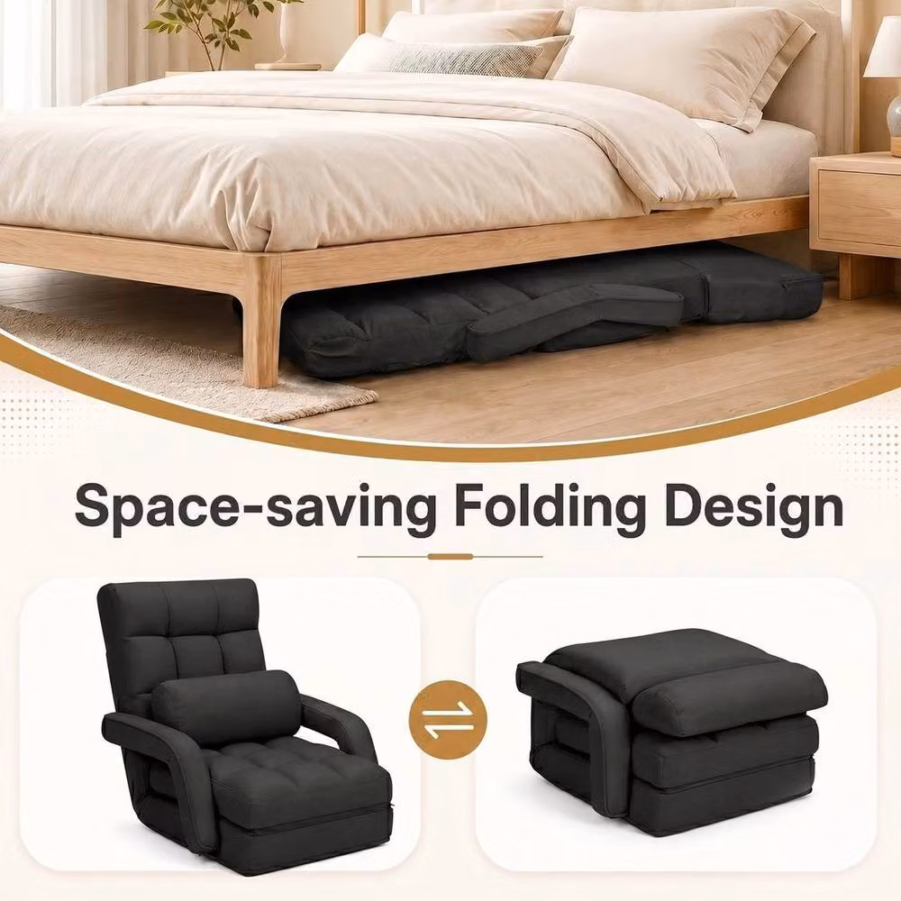 KORVIXA Black Adjustable Folding Lazy Sofa Bed with Armrests and Pillow, W/D/H: 100 x 100 x 100 cm – 3
