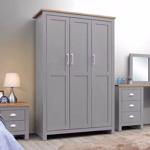 Timber Art Design Lisbon 3 Door Wardrobe in Light Grey with Internal Shelving and Hanging Space, H 181 x W 112 x D 52 cm – 1