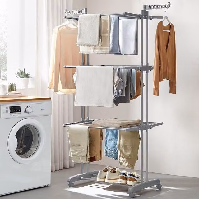 SONGMICS Jumbo 4-Tier Foldable Steel Clothes Airer in Grey
