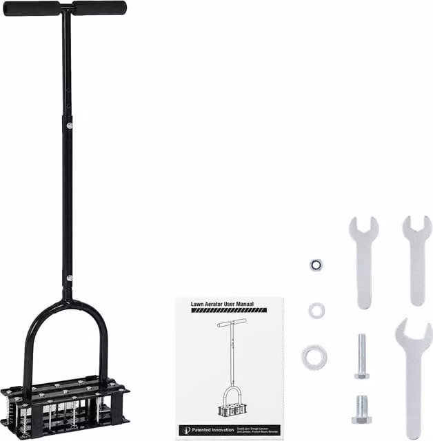 Lambu Manual Lawn Aerator with 15 Adjustable Steel Spikes and Handle in Black